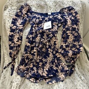 Selfie Leslie Blue and Pink Smocked Long Sleeve Blouse